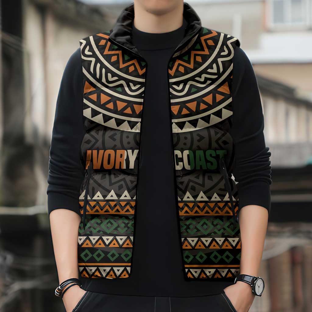 Ivory Coast Sleeveless Puffer Jacket with Ethnic Geometric Pattern and National Motto Design - Wonder Print Shop