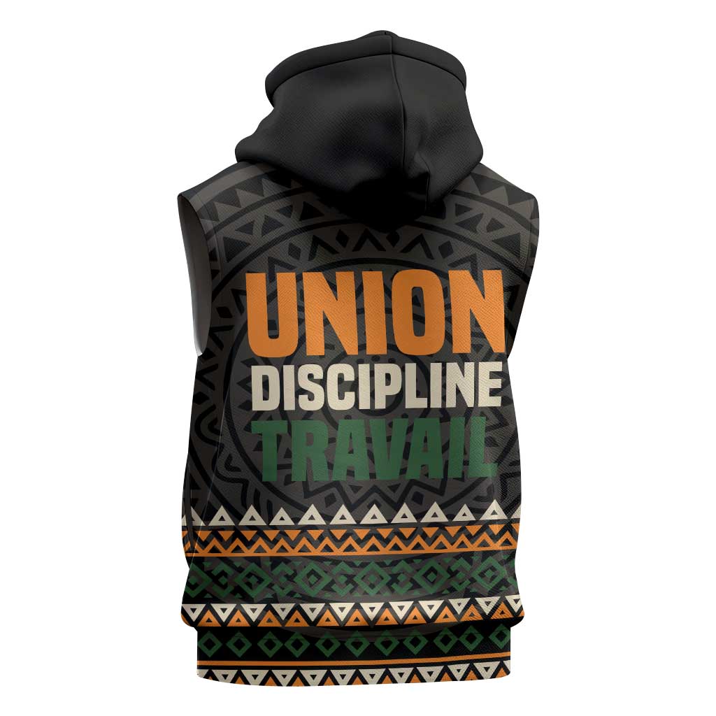 Ivory Coast Sleeveless Zip Hoodie with Ethnic Geometric Pattern and National Motto Design - Wonder Print Shop