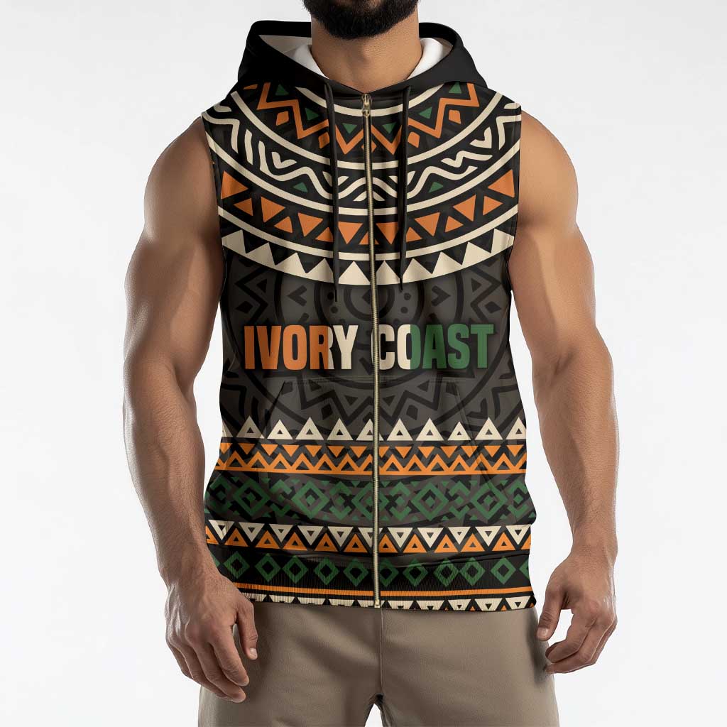 Ivory Coast Sleeveless Zip Hoodie with Ethnic Geometric Pattern and National Motto Design - Wonder Print Shop