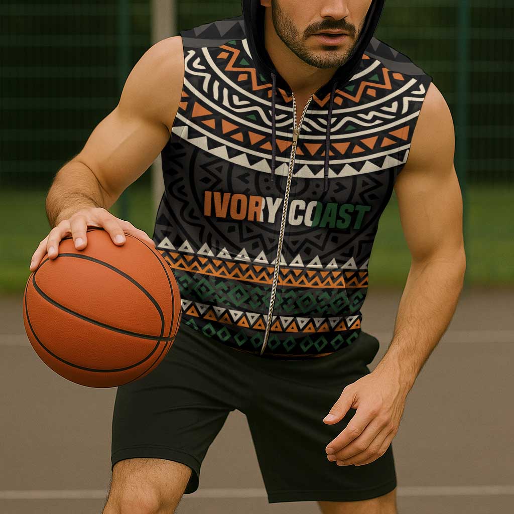 Ivory Coast Sleeveless Zip Hoodie with Ethnic Geometric Pattern and National Motto Design - Wonder Print Shop