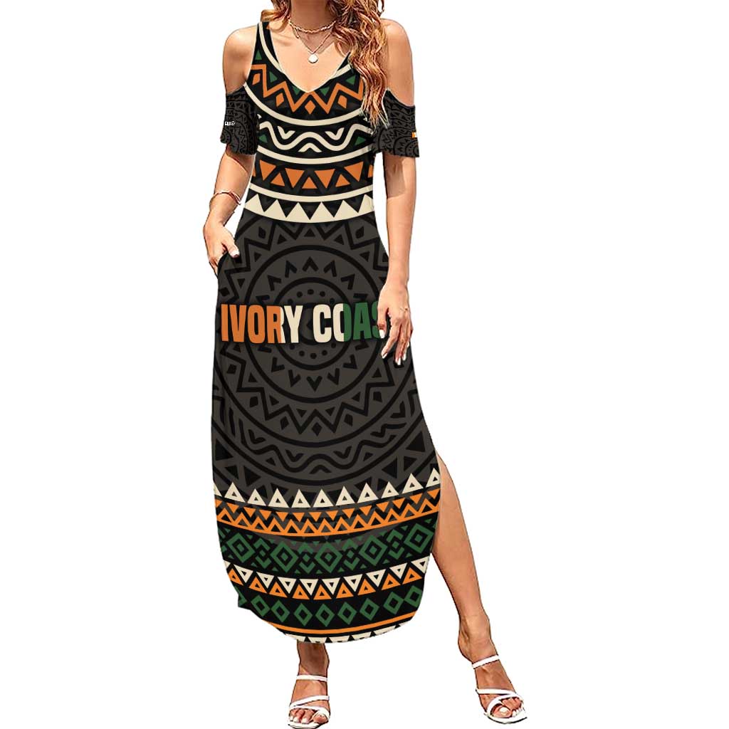 Ivory Coast Summer Maxi Dress with Ethnic Geometric Pattern and National Motto Design - Wonder Print Shop