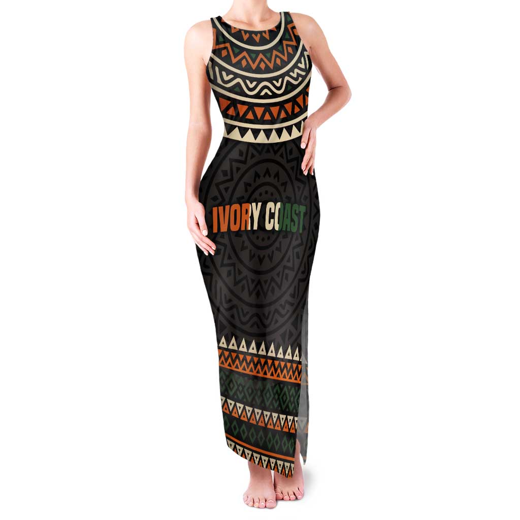 Ivory Coast Tank Maxi Dress with Ethnic Geometric Pattern and National Motto Design - Wonder Print Shop