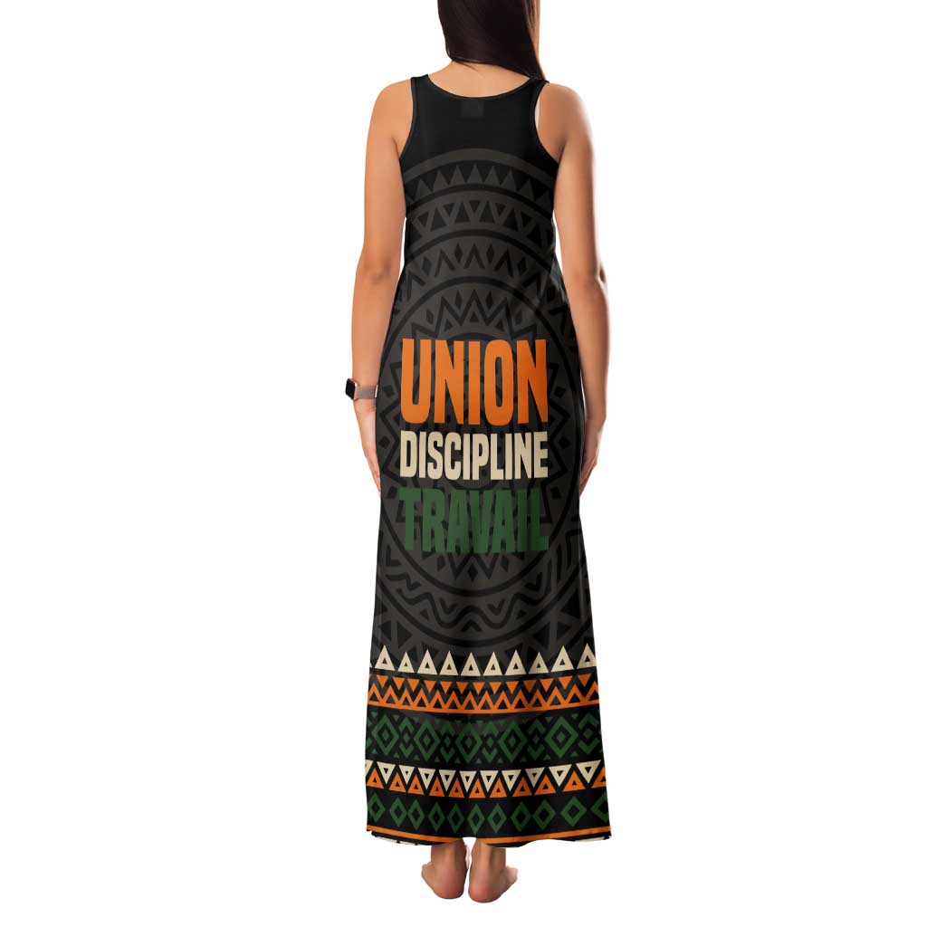 Ivory Coast Tank Maxi Dress with Ethnic Geometric Pattern and National Motto Design - Wonder Print Shop