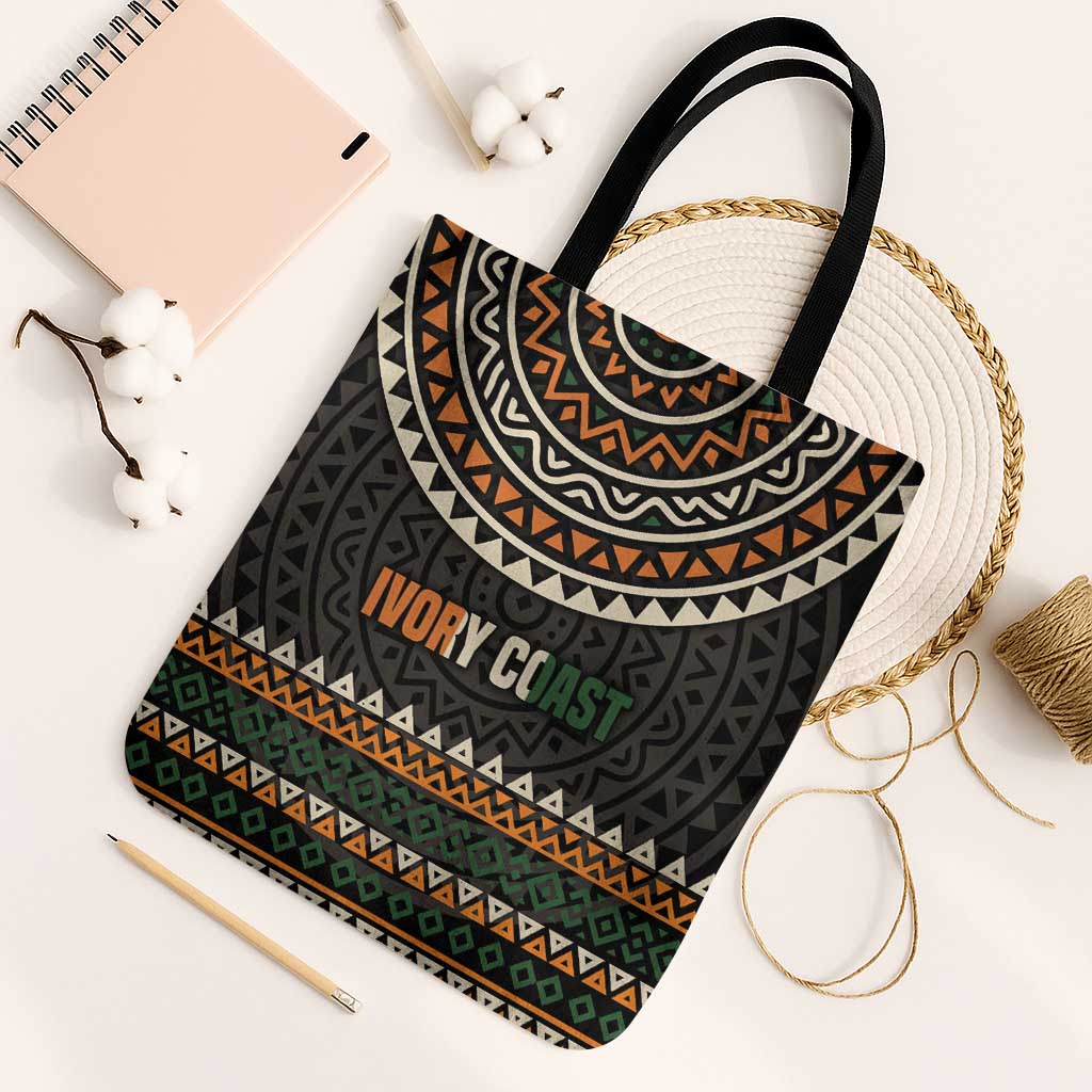 Ivory Coast Tote Bag with Ethnic Geometric Pattern and National Motto Design - Wonder Print Shop