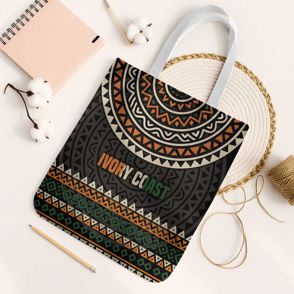 Ivory Coast Tote Bag with Ethnic Geometric Pattern and National Motto Design - Wonder Print Shop