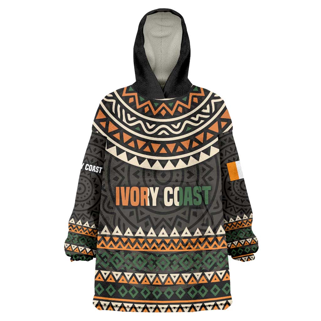 Ivory Coast Wearable Blanket Hoodie with Ethnic Geometric Pattern and National Motto Design - Wonder Print Shop