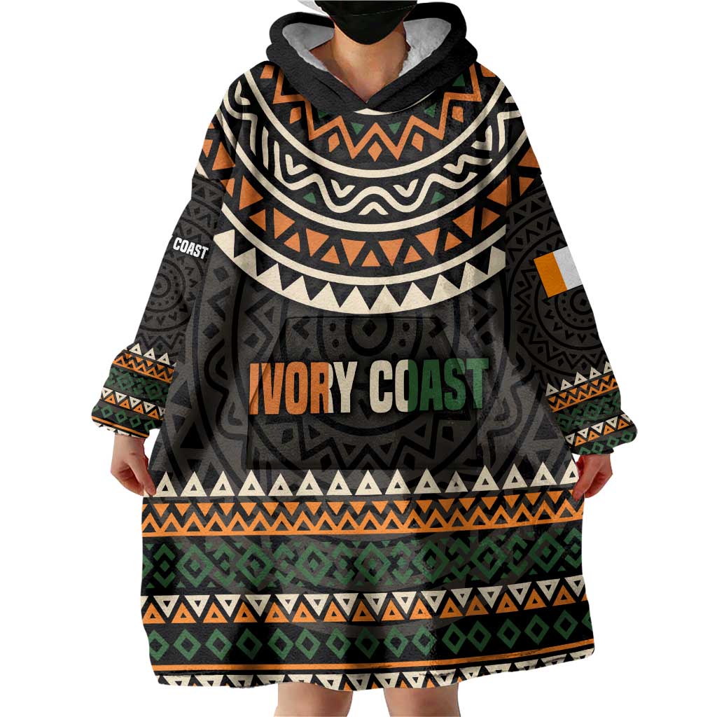 Ivory Coast Wearable Blanket Hoodie with Ethnic Geometric Pattern and National Motto Design - Wonder Print Shop