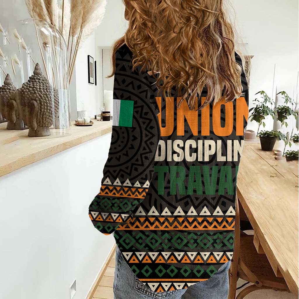 Ivory Coast Women Casual Shirt with Ethnic Geometric Pattern and National Motto Design - Wonder Print Shop