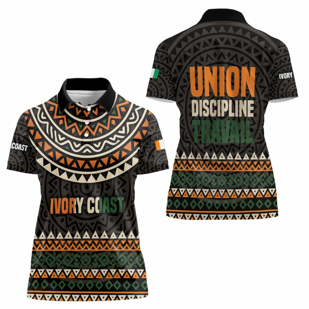 Ivory Coast Women Polo Shirt with Ethnic Geometric Pattern and National Motto Design - Wonder Print Shop