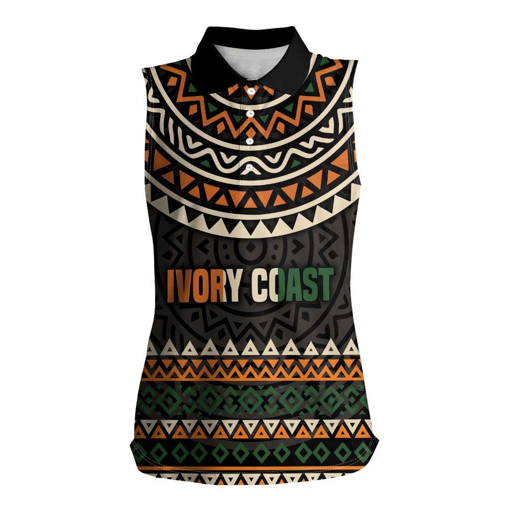 Ivory Coast Women Sleeveless Polo Shirt with Ethnic Geometric Pattern and National Motto Design - Wonder Print Shop
