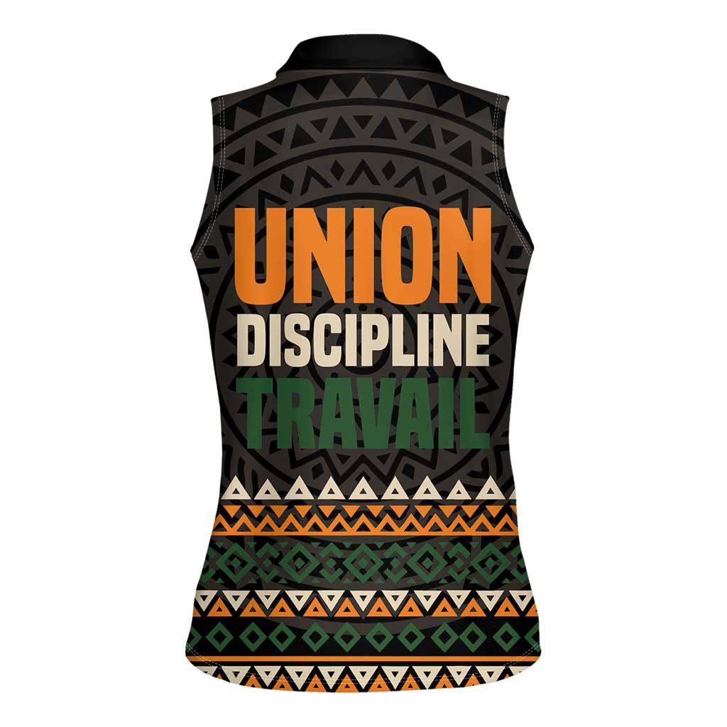 Ivory Coast Women Sleeveless Polo Shirt with Ethnic Geometric Pattern and National Motto Design - Wonder Print Shop