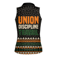Ivory Coast Women Sleeveless Polo Shirt with Ethnic Geometric Pattern and National Motto Design - Wonder Print Shop