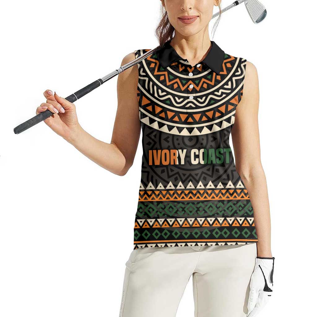 Ivory Coast Women Sleeveless Polo Shirt with Ethnic Geometric Pattern and National Motto Design - Wonder Print Shop