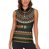 Ivory Coast Women Sleeveless Polo Shirt with Ethnic Geometric Pattern and National Motto Design - Wonder Print Shop
