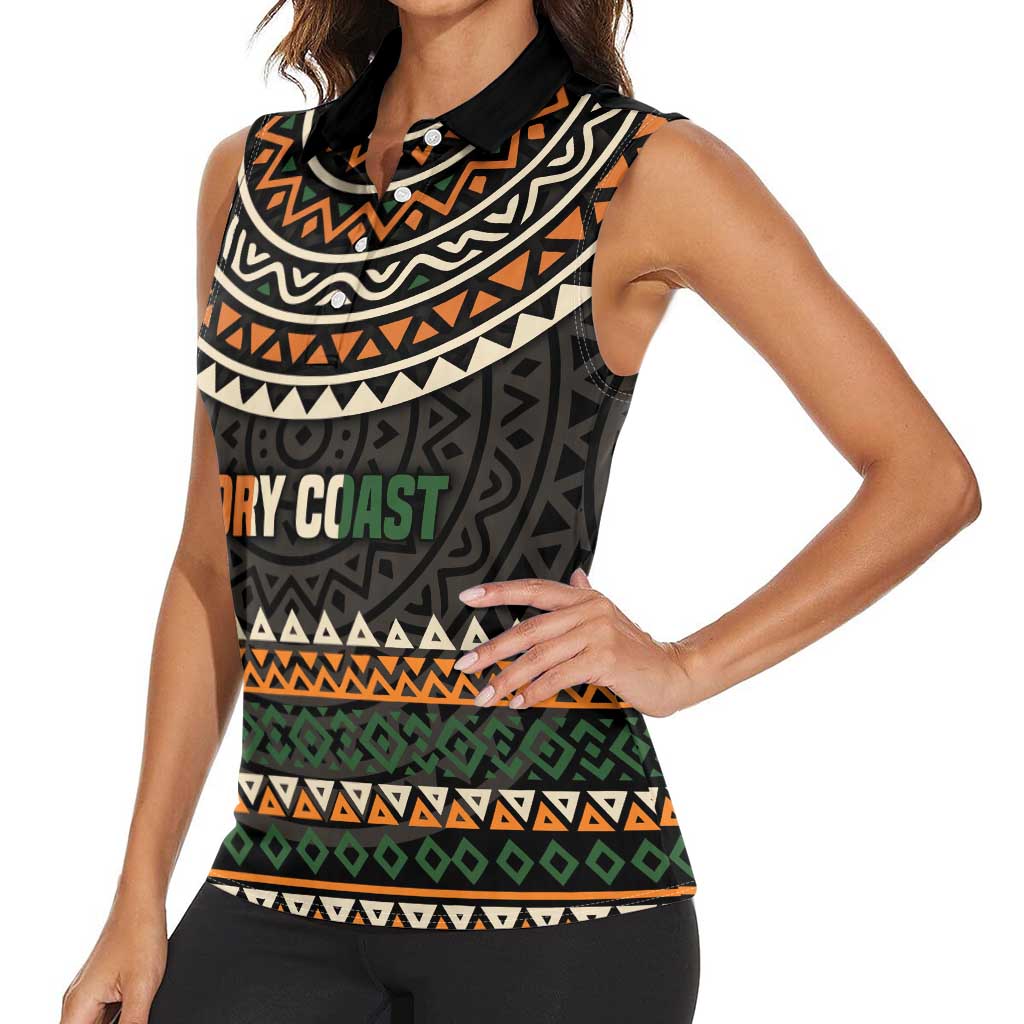 Ivory Coast Women Sleeveless Polo Shirt with Ethnic Geometric Pattern and National Motto Design - Wonder Print Shop