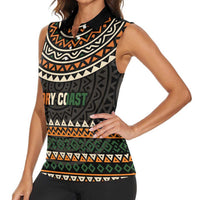 Ivory Coast Women Sleeveless Polo Shirt with Ethnic Geometric Pattern and National Motto Design - Wonder Print Shop