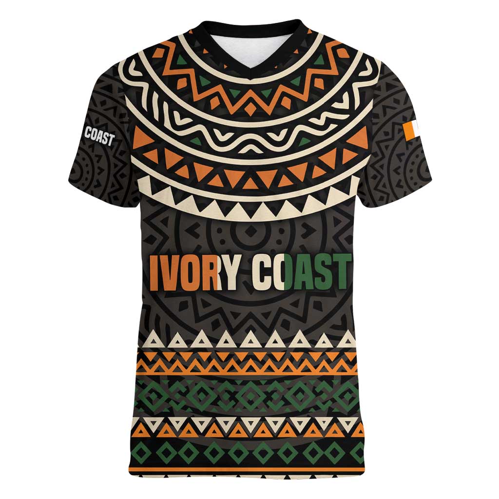 Ivory Coast Women V-Neck T-Shirt with Ethnic Geometric Pattern and National Motto Design - Wonder Print Shop