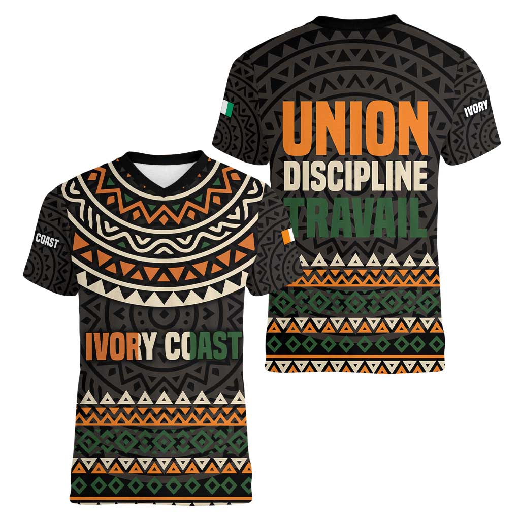 Ivory Coast Women V-Neck T-Shirt with Ethnic Geometric Pattern and National Motto Design - Wonder Print Shop
