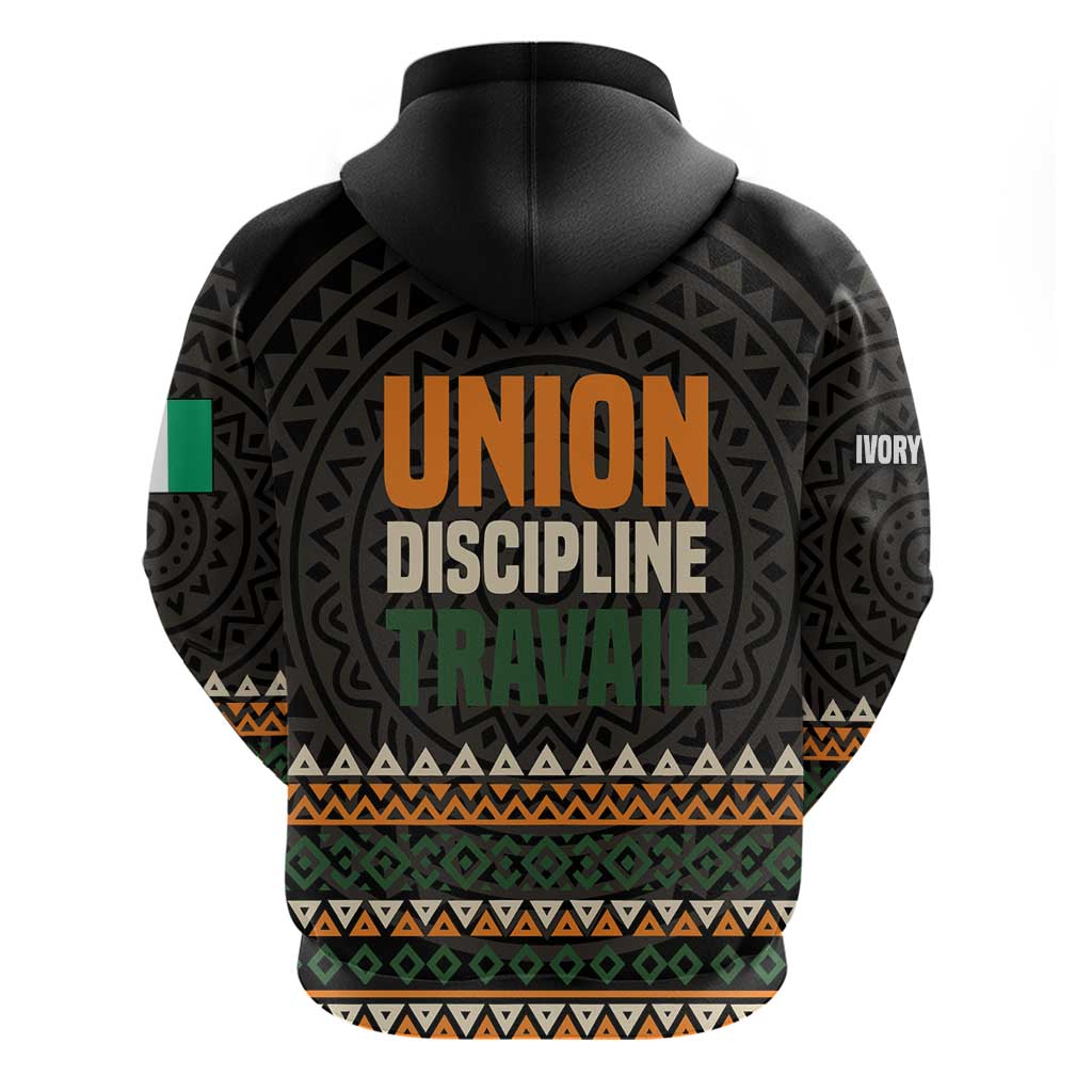 Ivory Coast Zip Hoodie with Ethnic Geometric Pattern and National Motto Design - Wonder Print Shop
