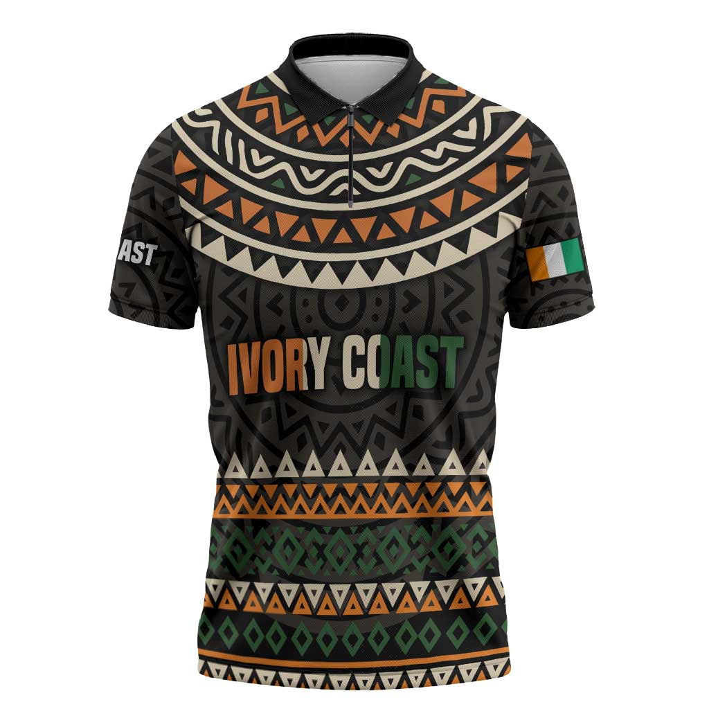 Ivory Coast Zipper Polo Shirt with Ethnic Geometric Pattern and National Motto Design - Wonder Print Shop