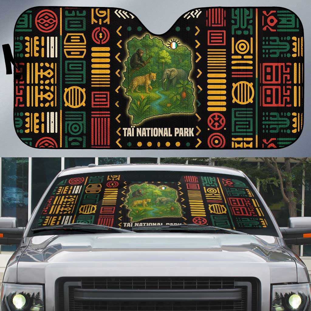 Ivory Coast Auto Sun Shade with Taï National Park Wildlife Map Design - Wonder Print Shop