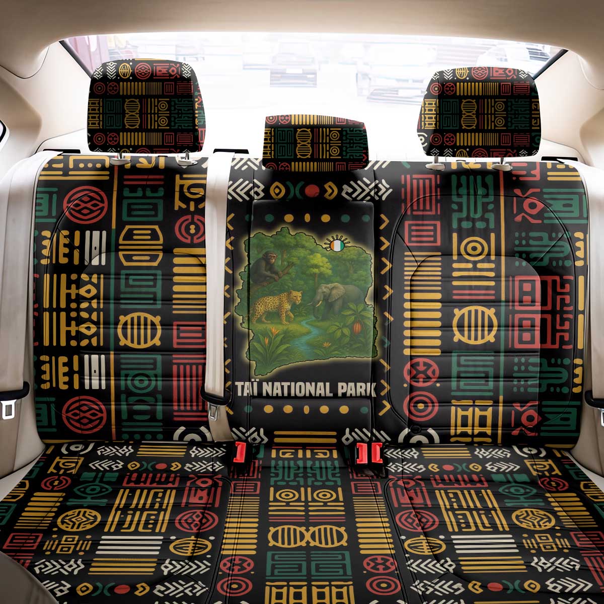Ivory Coast Back Car Seat Cover with Taï National Park Wildlife Map Design - Wonder Print Shop