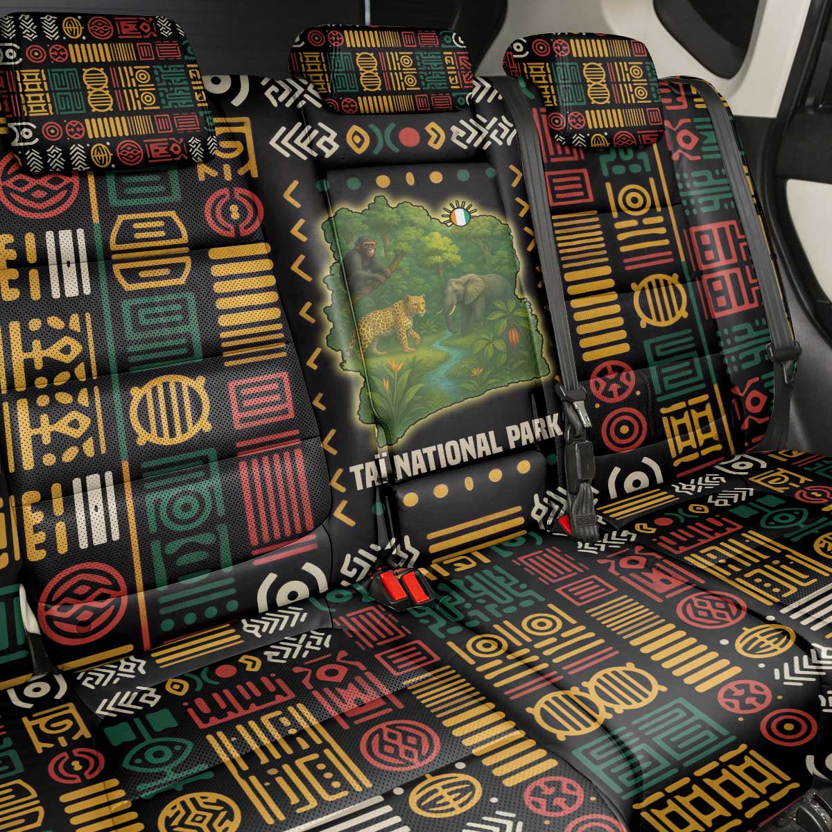 Ivory Coast Back Car Seat Cover with Taï National Park Wildlife Map Design - Wonder Print Shop