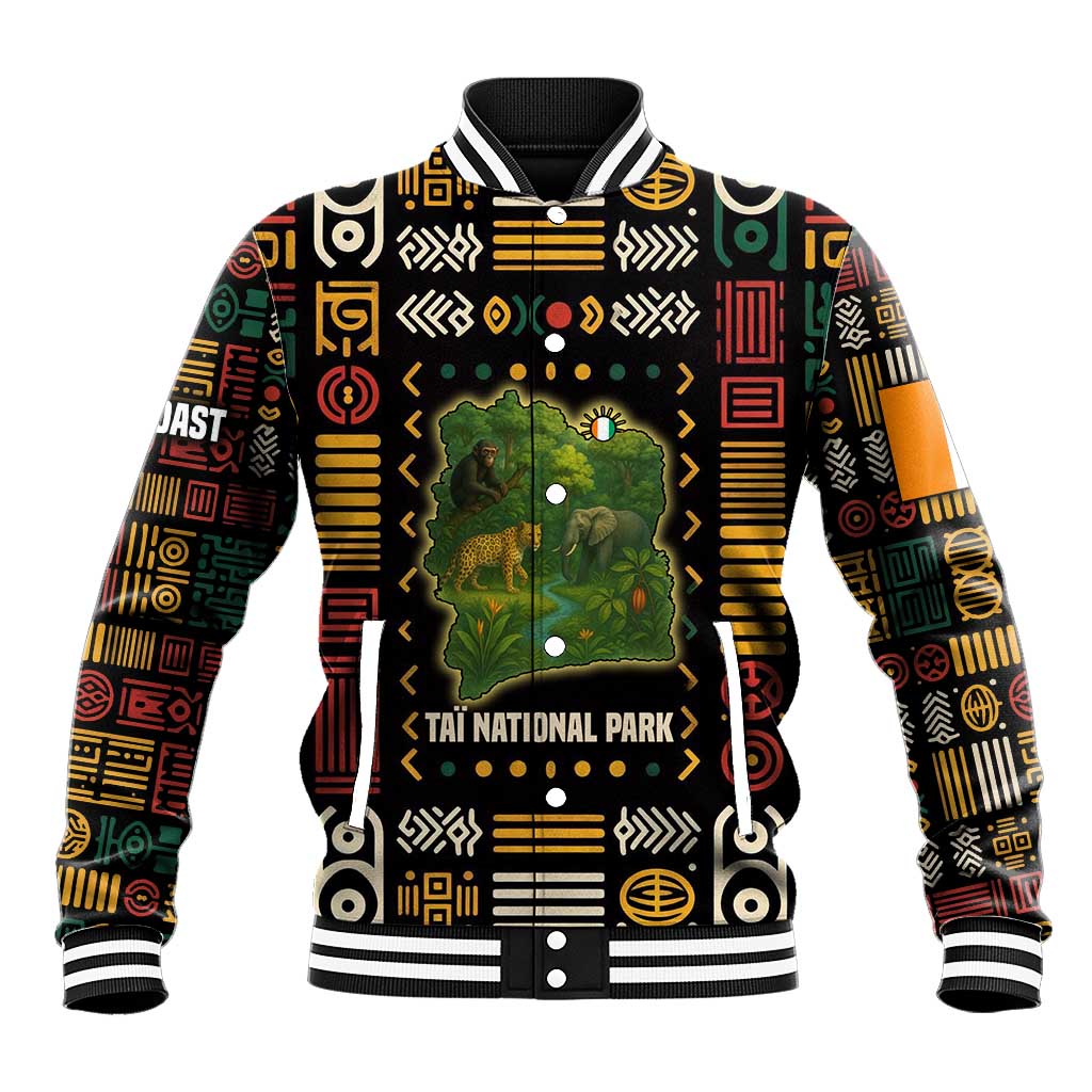 Ivory Coast Baseball Jacket with Taï National Park Wildlife Map Design - Wonder Print Shop
