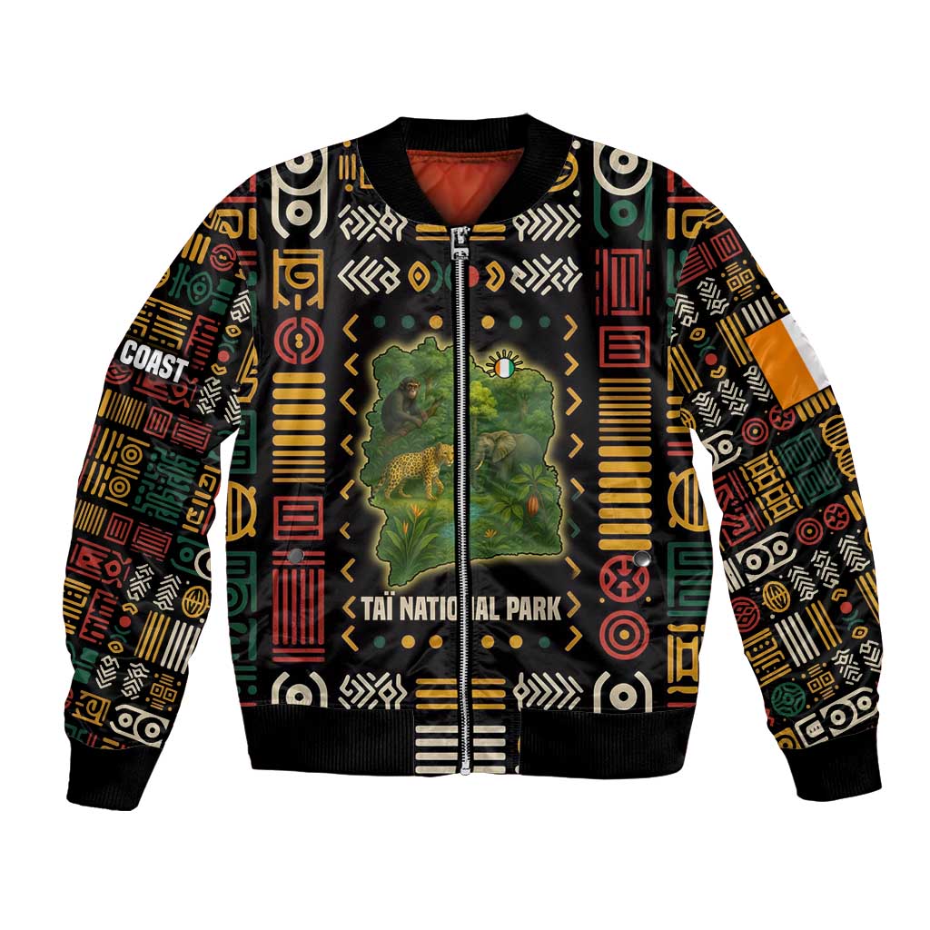 Ivory Coast Bomber Jacket with Taï National Park Wildlife Map Design - Wonder Print Shop