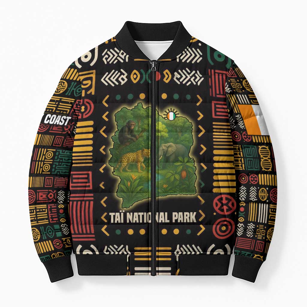 Ivory Coast Bomber Puffer Jacket with Taï National Park Wildlife Map Design - Wonder Print Shop