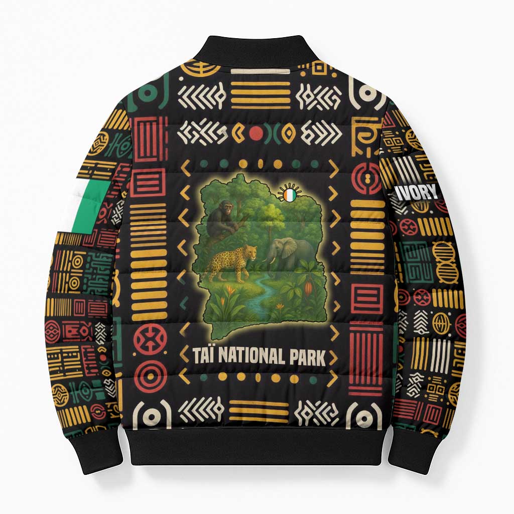 Ivory Coast Bomber Puffer Jacket with Taï National Park Wildlife Map Design - Wonder Print Shop