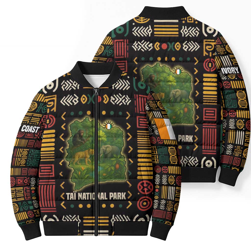 Ivory Coast Bomber Puffer Jacket with Taï National Park Wildlife Map Design - Wonder Print Shop