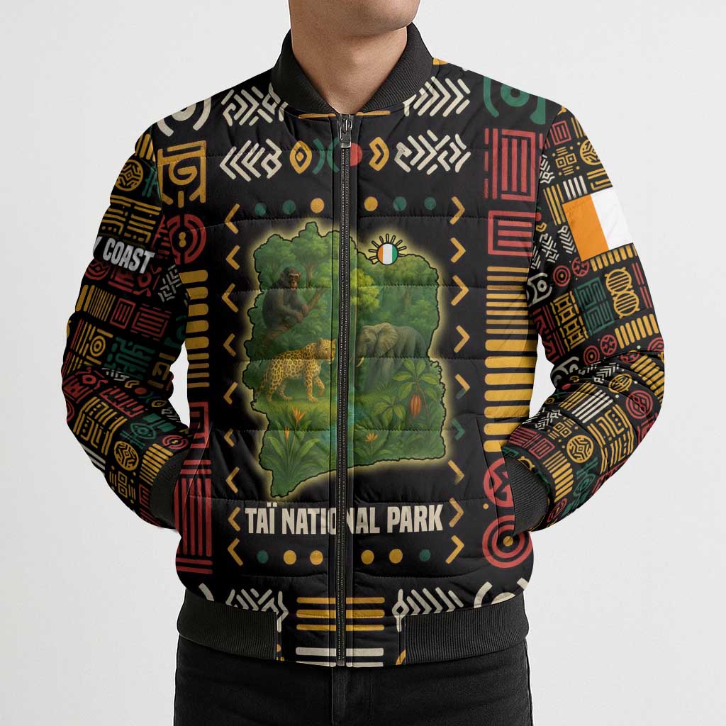 Ivory Coast Bomber Puffer Jacket with Taï National Park Wildlife Map Design - Wonder Print Shop