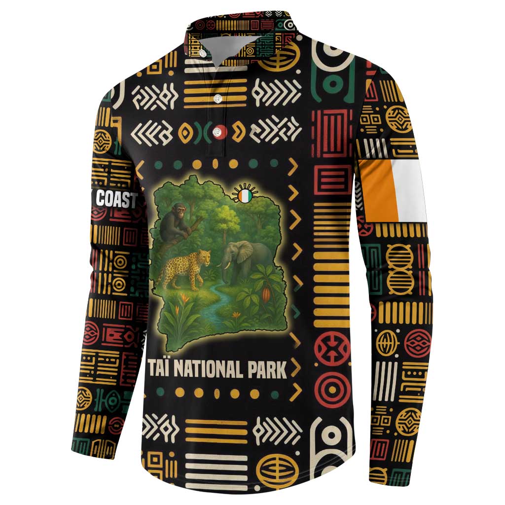 Ivory Coast Button Sweatshirt with Taï National Park Wildlife Map Design - Wonder Print Shop