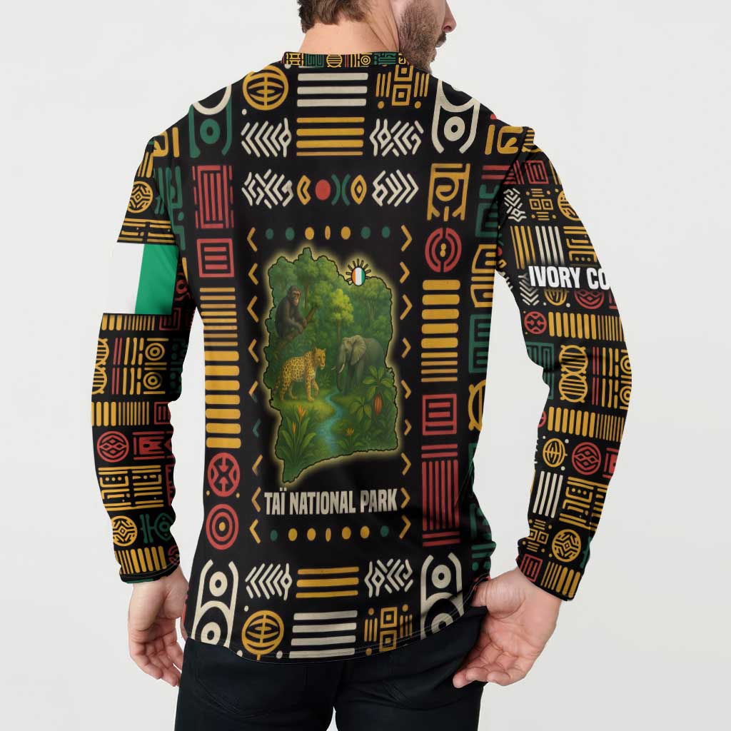 Ivory Coast Button Sweatshirt with Taï National Park Wildlife Map Design - Wonder Print Shop