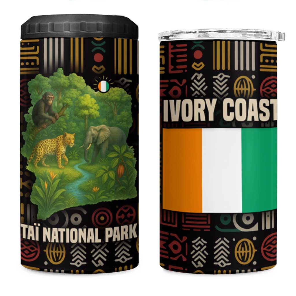 Ivory Coast 4 in 1 Can Cooler Tumbler with Taï National Park Wildlife Map Design - Wonder Print Shop