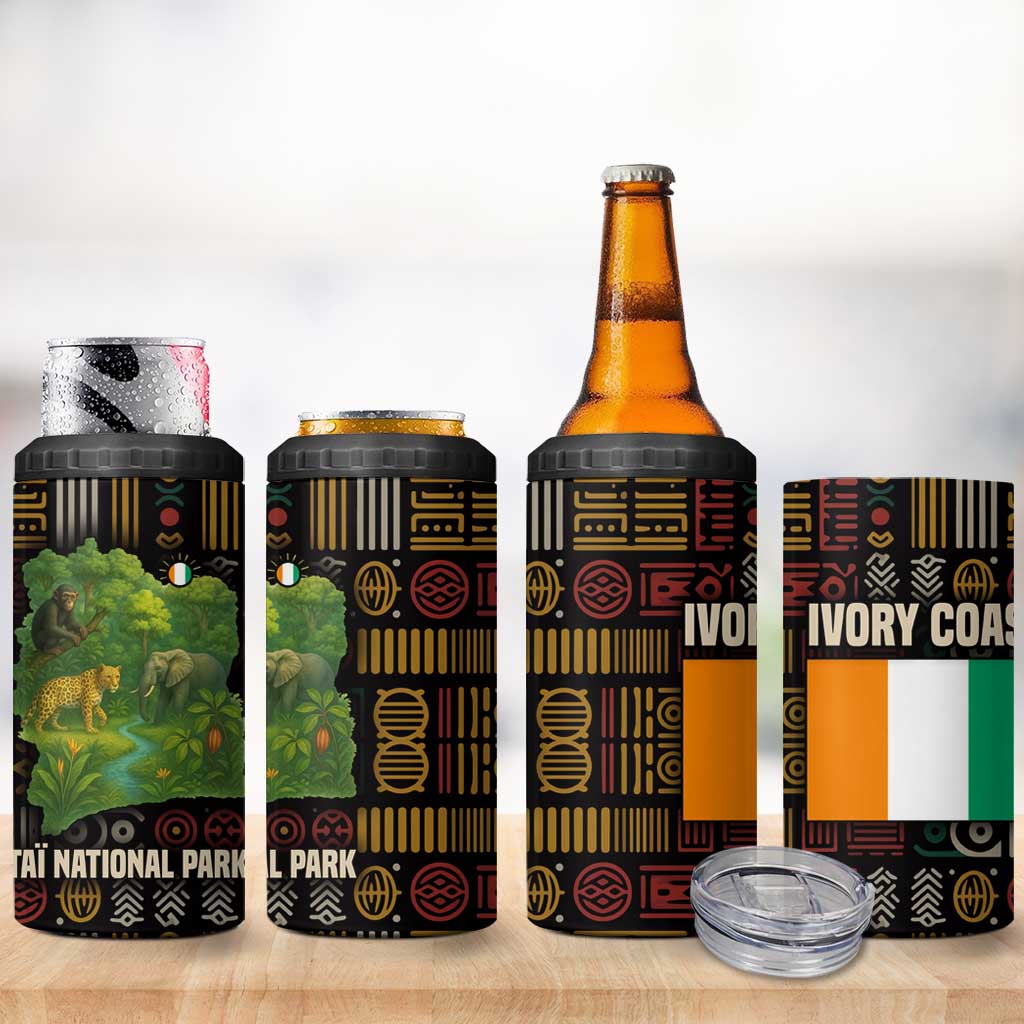 Ivory Coast 4 in 1 Can Cooler Tumbler with Taï National Park Wildlife Map Design - Wonder Print Shop