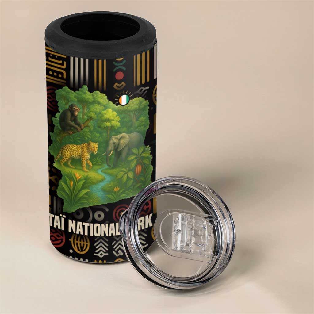 Ivory Coast 4 in 1 Can Cooler Tumbler with Taï National Park Wildlife Map Design - Wonder Print Shop