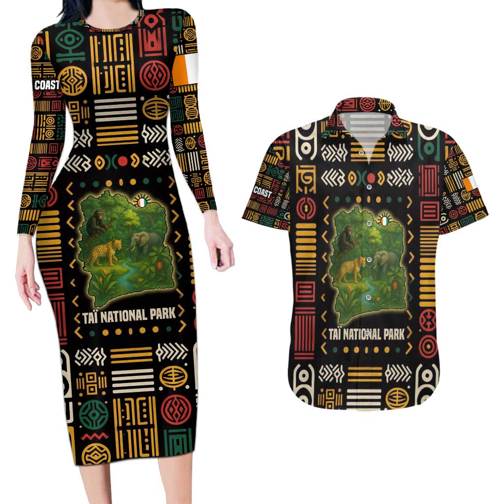 Ivory Coast Couples Matching Long Sleeve Bodycon Dress and Hawaiian Shirt with Taï National Park Wildlife Map Design - Wonder Print Shop