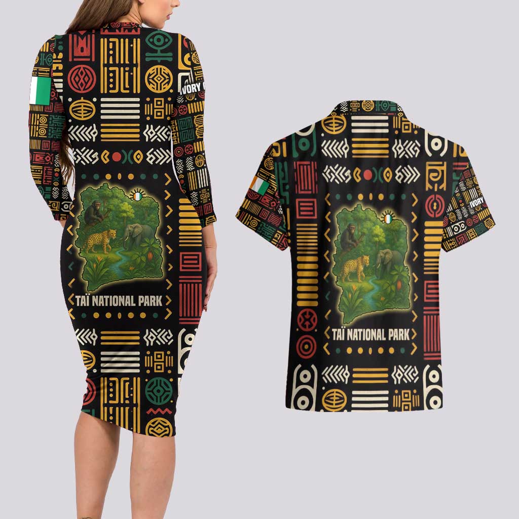 Ivory Coast Couples Matching Long Sleeve Bodycon Dress and Hawaiian Shirt with Taï National Park Wildlife Map Design - Wonder Print Shop
