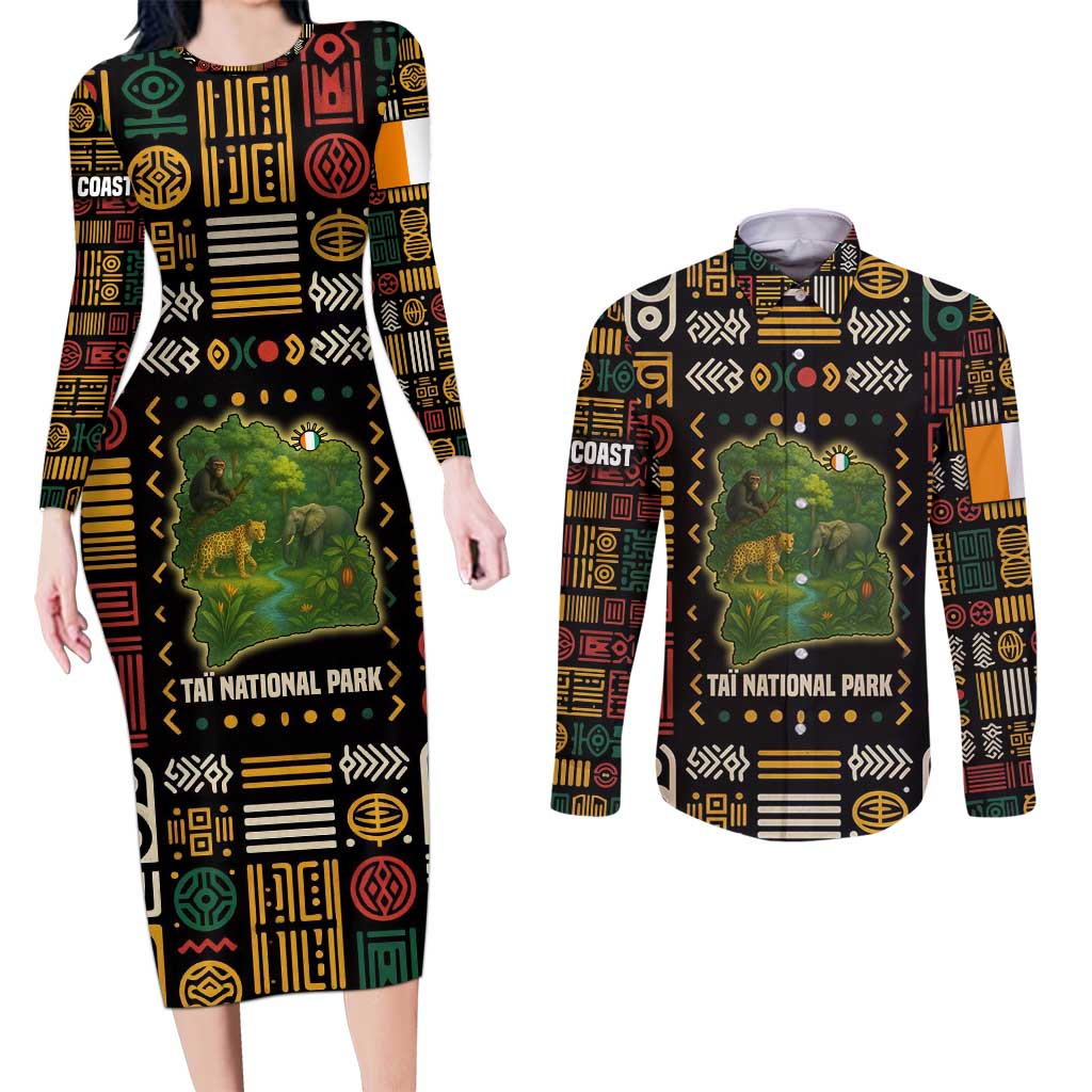 Ivory Coast Couples Matching Long Sleeve Bodycon Dress and Long Sleeve Button Shirt with Taï National Park Wildlife Map Design - Wonder Print Shop