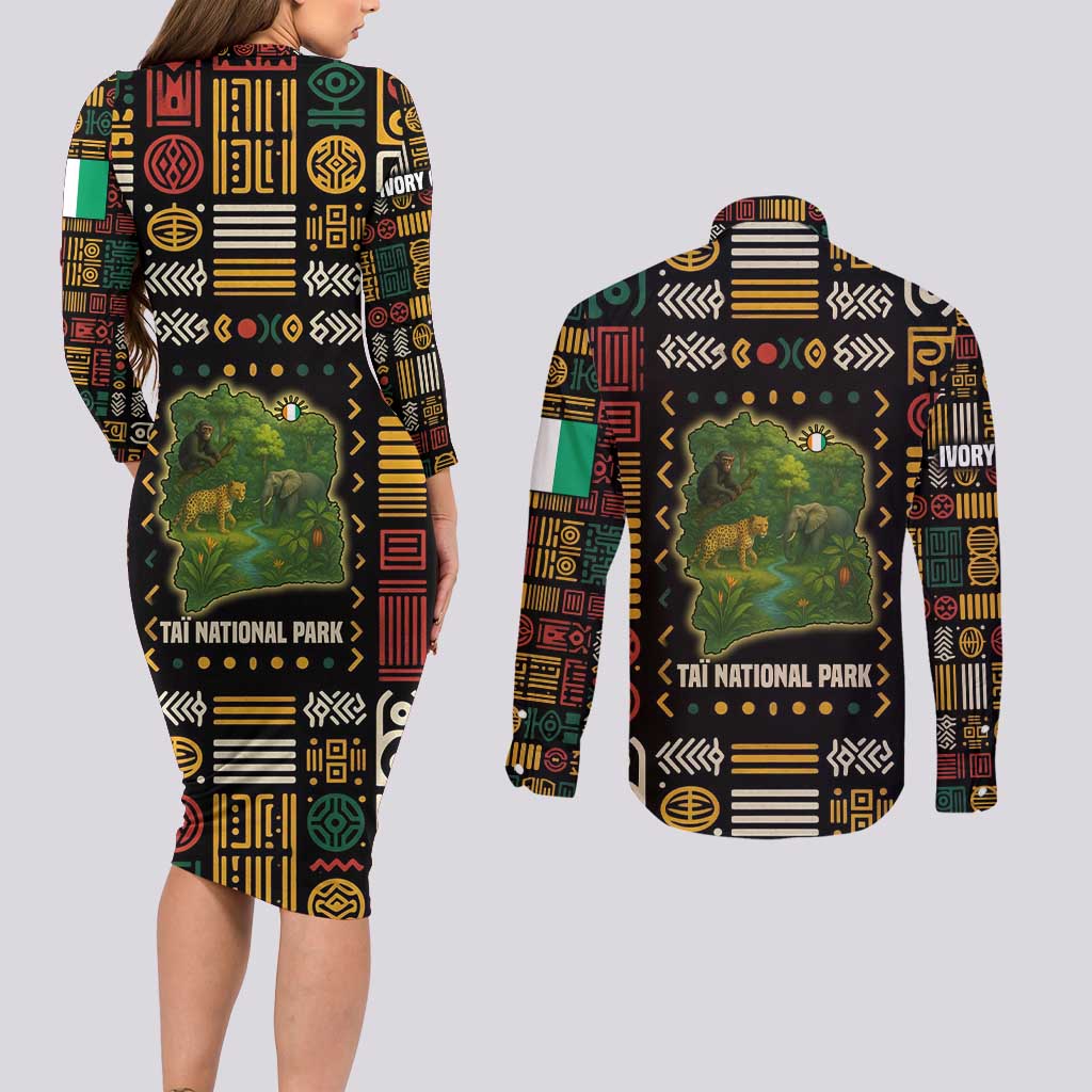 Ivory Coast Couples Matching Long Sleeve Bodycon Dress and Long Sleeve Button Shirt with Taï National Park Wildlife Map Design - Wonder Print Shop