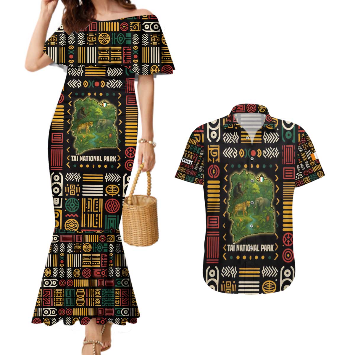Ivory Coast Couples Matching Mermaid Dress and Hawaiian Shirt with Taï National Park Wildlife Map Design - Wonder Print Shop