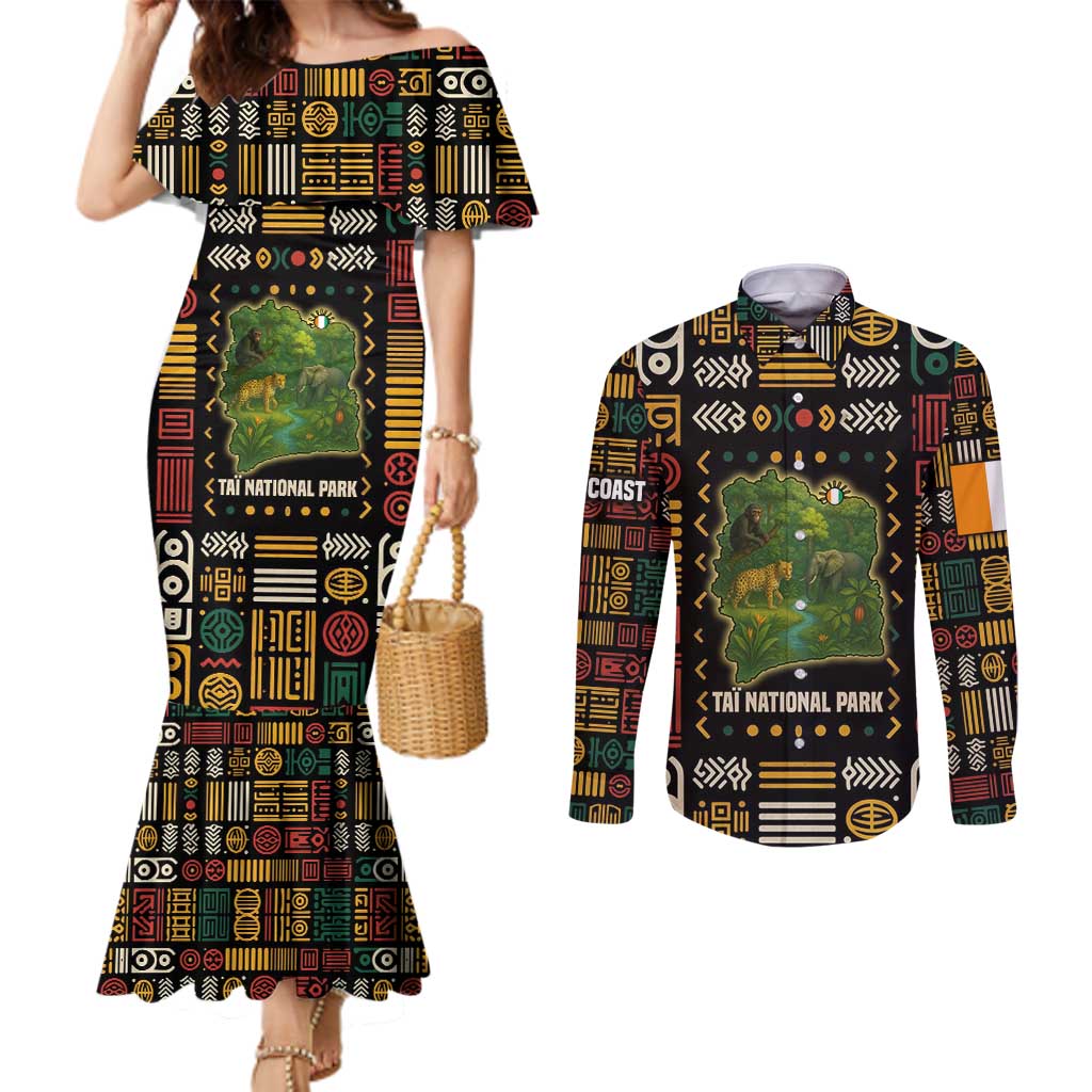 Ivory Coast Couples Matching Mermaid Dress and Long Sleeve Button Shirt with Taï National Park Wildlife Map Design - Wonder Print Shop