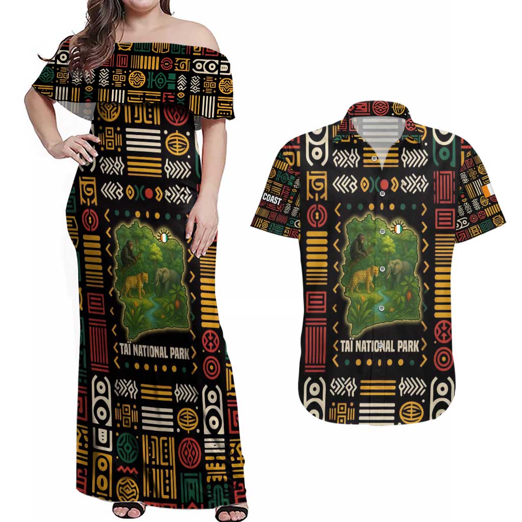 Ivory Coast Couples Matching Off Shoulder Maxi Dress and Hawaiian Shirt with Taï National Park Wildlife Map Design - Wonder Print Shop