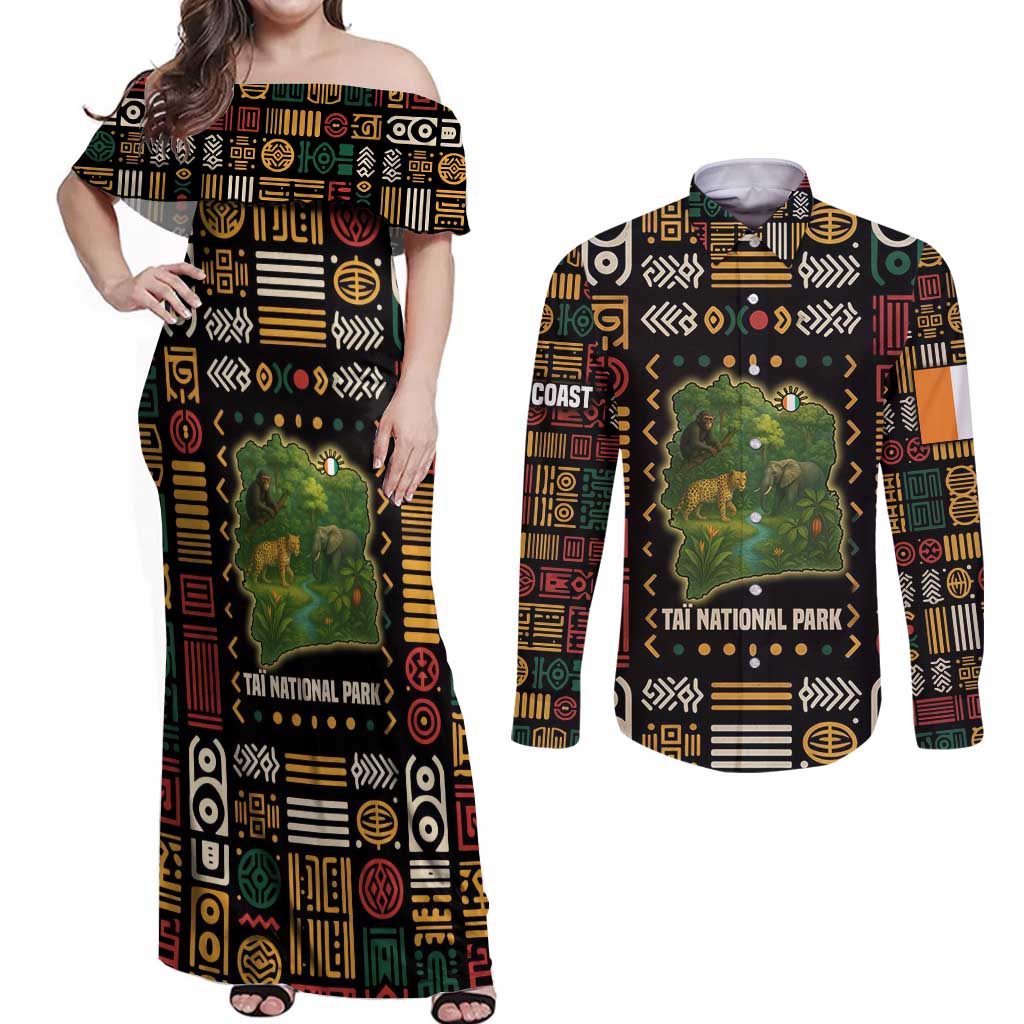 Ivory Coast Couples Matching Off Shoulder Maxi Dress and Long Sleeve Button Shirt with Taï National Park Wildlife Map Design - Wonder Print Shop