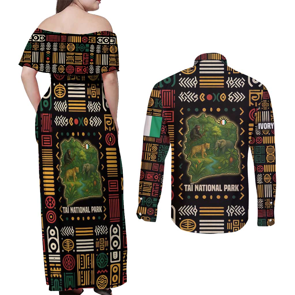 Ivory Coast Couples Matching Off Shoulder Maxi Dress and Long Sleeve Button Shirt with Taï National Park Wildlife Map Design - Wonder Print Shop