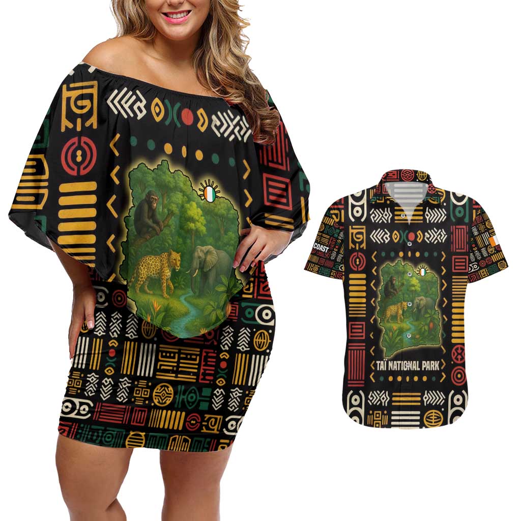 Ivory Coast Couples Matching Off Shoulder Short Dress and Hawaiian Shirt with Taï National Park Wildlife Map Design - Wonder Print Shop