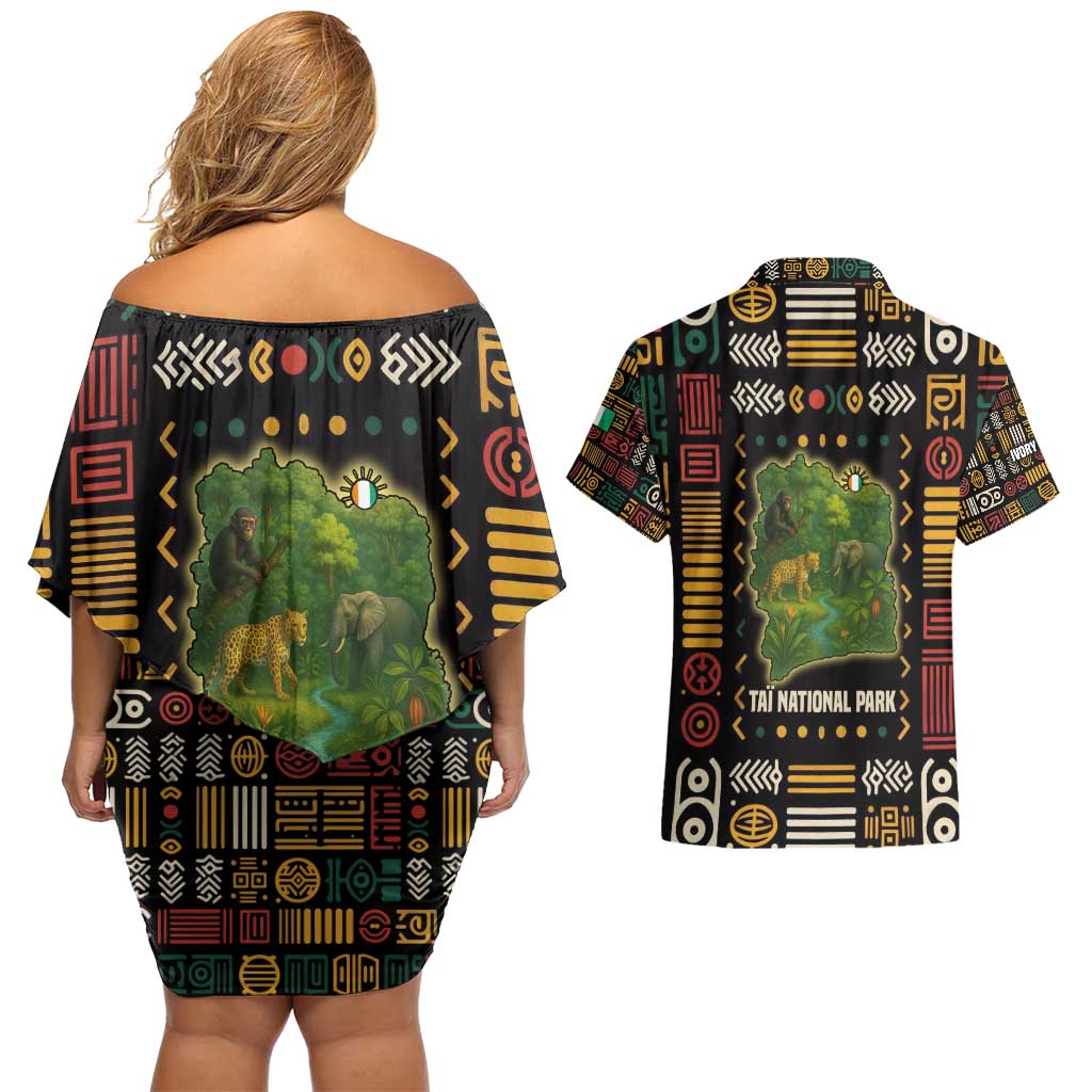 Ivory Coast Couples Matching Off Shoulder Short Dress and Hawaiian Shirt with Taï National Park Wildlife Map Design - Wonder Print Shop