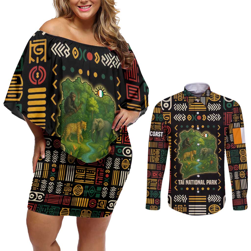 Ivory Coast Couples Matching Off Shoulder Short Dress and Long Sleeve Button Shirt with Taï National Park Wildlife Map Design - Wonder Print Shop